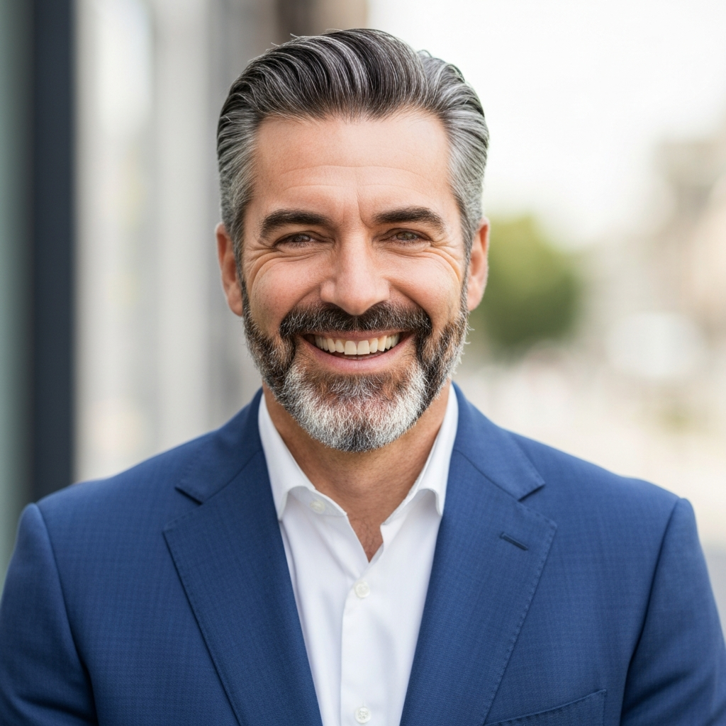 Homme confiant souriant, illustrant une confiance en soi naturelle